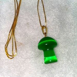 Natural Green Quartz Mushroom 🍄 Gold Plated over Sterling Silver Necklace 24”